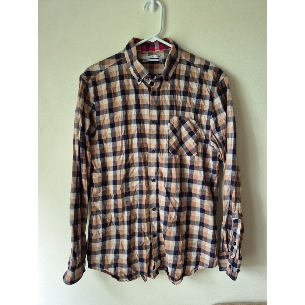 Five Four Mens Long Sleeve Button Down Shirt Men's Size Large Plaid Brown Blue